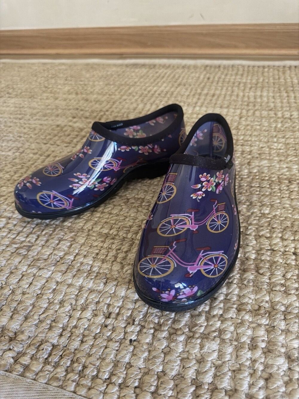 Sloggers Women’s Garden Rain Shoes Clogs Size 8 Purple Bicycle Floral Made in US